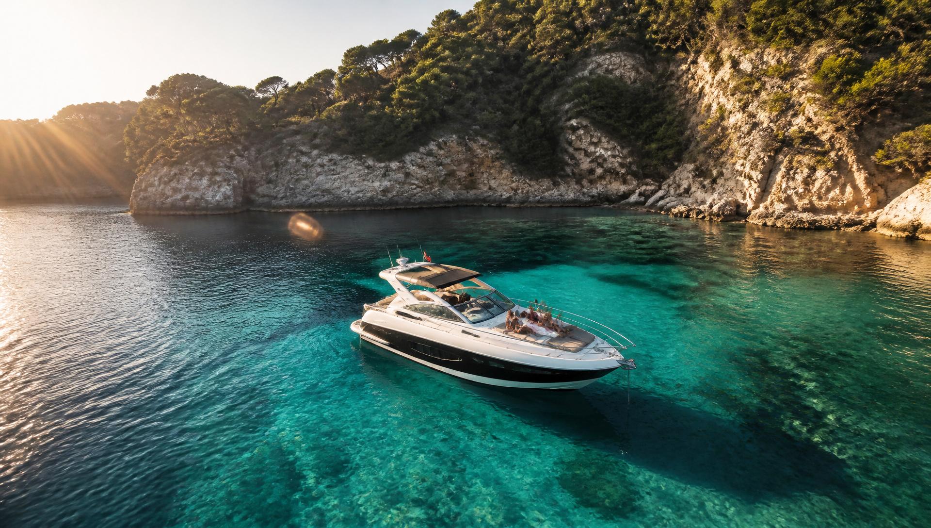 Private DES boat charter anchored alone in a turquoise Albanian Riviera cove near Sarandë at golden hour